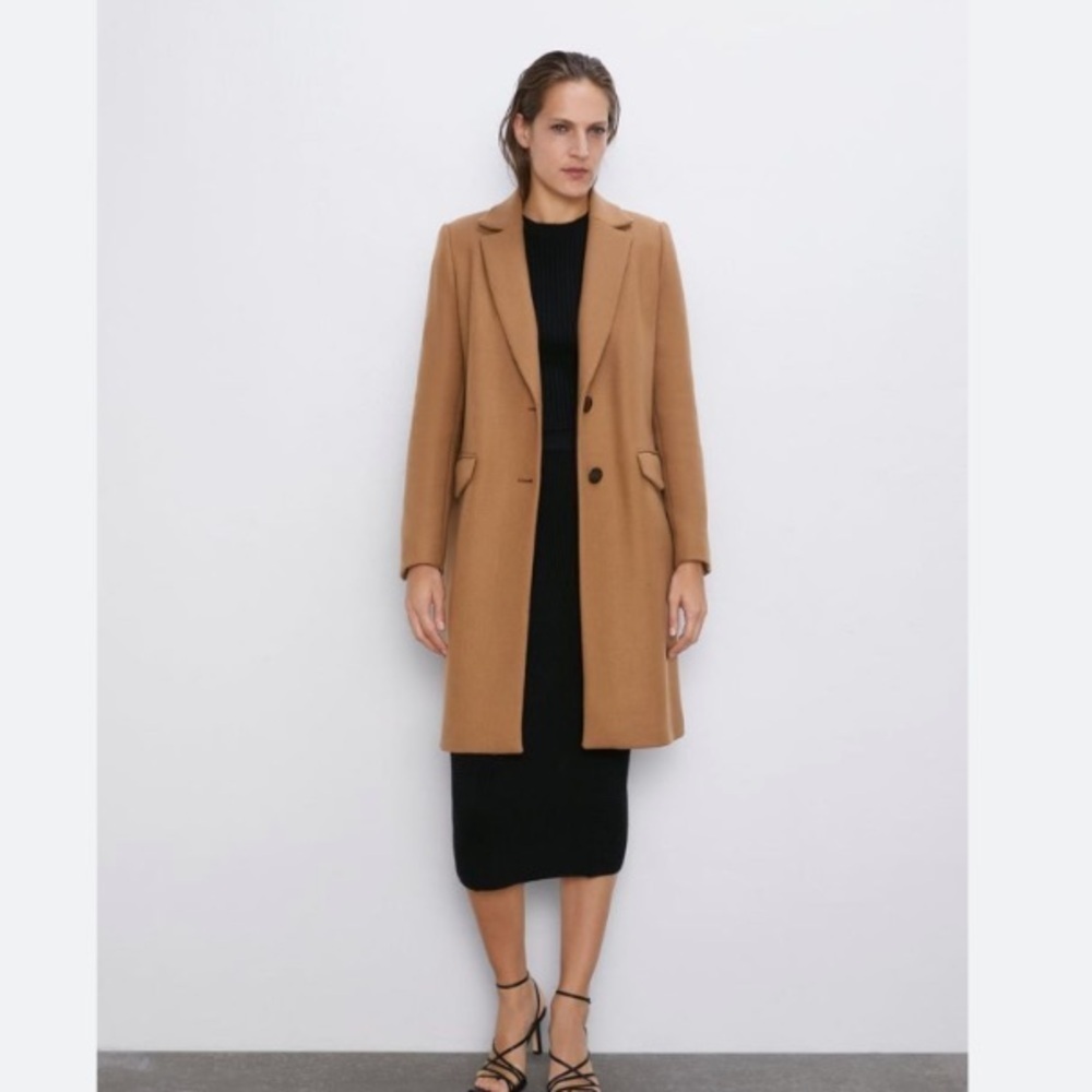 Zara Coat Wool Mid-Length in Camel Tan Brown - Picture 3 of 9